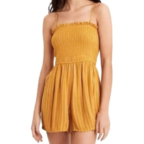 American Eagle Smocked Strapless Striped Romper Mustard Yellow  Sz S - Picture 1 of 6